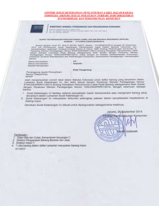 CONTOH SURAT KETERANGAN PENCANTUMAN LABEL DALAM BAHASA
INDONESIA (SKPLBI) SESUAI PERATURAN TERBARU DARI DIREKTORAT
STANDARDISASI DAN PERLINDUNGAN KONSUMEN
 