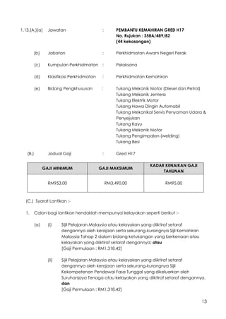 13
1.13.(A.)(a) Jawatan : PEMBANTU KEMAHIRAN GRED H17
No. Rujukan : 358A/489/82
(44 kekosongan)
(b) Jabatan : Perkhidmatan Awam Negeri Perak
(c) Kumpulan Perkhidmatan : Pelaksana
(d) Klasifikasi Perkhidmatan : Perkhidmatan Kemahiran
(e) Bidang Pengkhususan : Tukang Mekanik Motor (Diesel dan Petrol)
Tukang Mekanik Jentera
Tukang Elektrik Motor
Tukang Hawa Dingin Automobil
Tukang Mekanikal Servis Penyaman Udara &
Penyejukan
Tukang Kayu
Tukang Mekanik Motor
Tukang Pengimpalan (welding)
Tukang Besi
(B.) Jadual Gaji : Gred H17
GAJI MINIMUM GAJI MAKSIMUM
KADAR KENAIKAN GAJI
TAHUNAN
RM953.00 RM3,490.00 RM95.00
(C.) Syarat Lantikan :-
1. Calon bagi lantikan hendaklah mempunyai kelayakan seperti berikut :-
(a) (i) Sijil Pelajaran Malaysia atau kelayakan yang diiktiraf setaraf
dengannya oleh kerajaan serta sekurang-kurangnya Sijil Kemahiran
Malaysia Tahap 2 dalam bidang ketukangan yang berkenaan atau
kelayakan yang diiktiraf setaraf dengannya; atau
[Gaji Permulaan : RM1,318.42]
(ii) Sijil Pelajaran Malaysia atau kelayakan yang diiktiraf setaraf
dengannya oleh kerajaan serta sekurang-kurangnya Sijil
Kekompetenan Pendawai Fasa Tunggal yang dikeluarkan oleh
Suruhanjaya Tenaga atau kelayakan yang diiktiraf setaraf dengannya.
dan
[Gaji Permulaan : RM1,318.42]
 