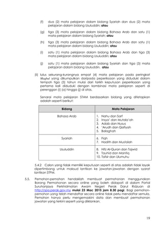 19
(f) dua (2) mata pelajaran dalam bidang Syariah dan dua (2) mata
pelajaran dalam bidang Usuluddin; atau
(g) tiga (3) mata pelajaran dalam bidang Bahasa Arab dan satu (1)
mata pelajaran dalam bidang Syariah; atau
(h) tiga (3) mata pelajaran dalam bidang Bahasa Arab dan satu (1)
mata pelajaran dalam bidang Usuluddin; atau
(i) satu (1) mata pelajaran dalam bidang Bahasa Arab dan tiga (3)
mata pelajaran dalam bidang Usuluddin; atau
(j) satu (1) mata pelajaran dalam bidang Syariah dan tiga (3) mata
pelajaran dalam bidang Usuluddin. atau
(ii) lulus sekurang-kurangnya empat (4) mata pelajaran pada peringkat
Maqbul yang dikumpulkan daripada peperiksaan yang diduduki dalam
tempoh tiga (3) tahun mulai dari tarikh keputusan peperiksaan yang
pertama kali diduduki dengan kombinasi mata pelajaran seperti di
perenggan (i) (a) hingga (j) di atas.
Senarai mata pelajaran STAM berdasarkan bidang yang ditetapkan
adalah seperti berikut:
Bidang Mata Pelajaran
Bahasa Arab 1. Nahu dan Sarf
2. Insya’ dan Mutala’ah
3. Adab dan Nusus
4. ‘Arudh dan Qafiyah
5. Balaghah
Syariah 6. Fiqh
7. Hadith dan Mustolah
Usuluddin 8. Hifz Al-Quran dan Tajwid
9. Tauhid dan Mantiq
10. Tafsir dan Ulumuhu
5.4.2 Calon yang tidak memiliki keputusan seperti di atas adalah tidak layak
dipertimbang untuk maksud lantikan ke jawatan-jawatan dengan syarat
lantikan STPM.
5.5. Pemohon-pemohon hendaklah membuat permohonan menggunakan
Borang Permohonan secara online yang boleh didapati di dalam Portal
Suruhanjaya Perkhidmatan Awam Negeri Perak Darul Ridzuan di
http://spa.perak.gov.my mulai 23 Mac 2015 jam 8.30 pagi. Bagi pemohon-
pemohon yang telah mendaftar secara online tidak perlu mendaftar semula.
Pemohon hanya perlu mengemaskini data dan membuat permohonan
jawatan yang terkini seperti yang diiklankan.
 
