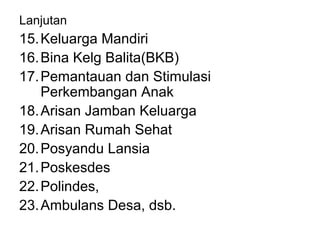 Lanjutan
15.Keluarga Mandiri
16.Bina Kelg Balita(BKB)
17.Pemantauan dan Stimulasi
Perkembangan Anak
18.Arisan Jamban Keluarga
19.Arisan Rumah Sehat
20.Posyandu Lansia
21.Poskesdes
22.Polindes,
23.Ambulans Desa, dsb.
 