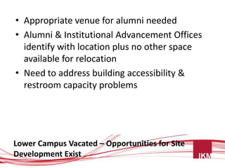 • Appropriate venue for alumni needed
• Alumni & Institutional Advancement Offices
  identify with location plus no other space
  available for relocation
• Need to address building accessibility &
  restroom capacity problems




Lower Campus Vacated – Opportunities for Site
Development Exist
 