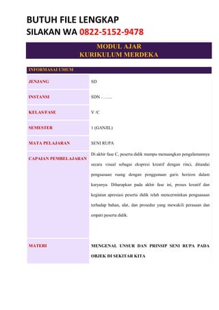Download IKM Modul Ajar Seni Rupa Kelas 5 SD/MI Revisi Terbaru | PDF