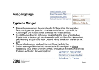 Ausgangslage

Typische Mängel
•   Daten (Autorennamen, beschreibende Schlagwörter, Herausgeber,
    Dokumenttypen etc.) werden ohne semantische und syntaktische
    Anleitungen und Restriktionen teilweise im Freitext erfasst
•   (Syntaktische) Suchen liefern nur eingeschränkte oder uneindeutige
    Ergebnisse, erfordern ggf. aus Anwendersicht subtilere Suchkenntnisse
    (Trunkierung etc.) (Suche nach „Abbott, Philip“ liefert nur Treffer für Nr.
    2/3)
•   Namensänderungen sind praktisch nicht nachvollziehbar
•   Selbst wenn syntaktische und semantische Eindeutigkeit in einem
    Repository lokal erzielt werden können, erneuert und verschärft sich das
    Problem auf Seiten der Aggregatoren




                                                                             Seite 6
 