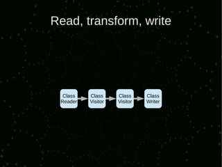 Read, transform, write




  Class   Class     Class     Class
 Reader   Visitor   Visitor   Writer
 