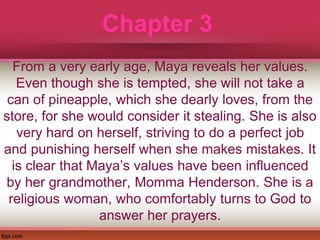 Chapter 3
From a very early age, Maya reveals her values.
Even though she is tempted, she will not take a
can of pineapple, which she dearly loves, from the
store, for she would consider it stealing. She is also
very hard on herself, striving to do a perfect job
and punishing herself when she makes mistakes. It
is clear that Maya’s values have been influenced
by her grandmother, Momma Henderson. She is a
religious woman, who comfortably turns to God to
answer her prayers.
 