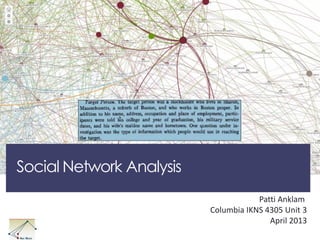 Social Network Analysis
Patti Anklam
Columbia IKNS 4305 Unit 3
April 2013
 