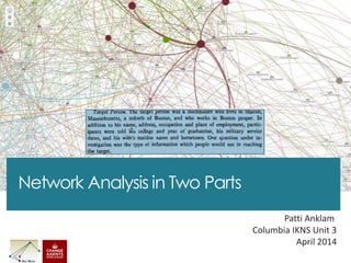 Network Analysis in Two Parts
Patti Anklam
Columbia IKNS Unit 3
April 2014
 