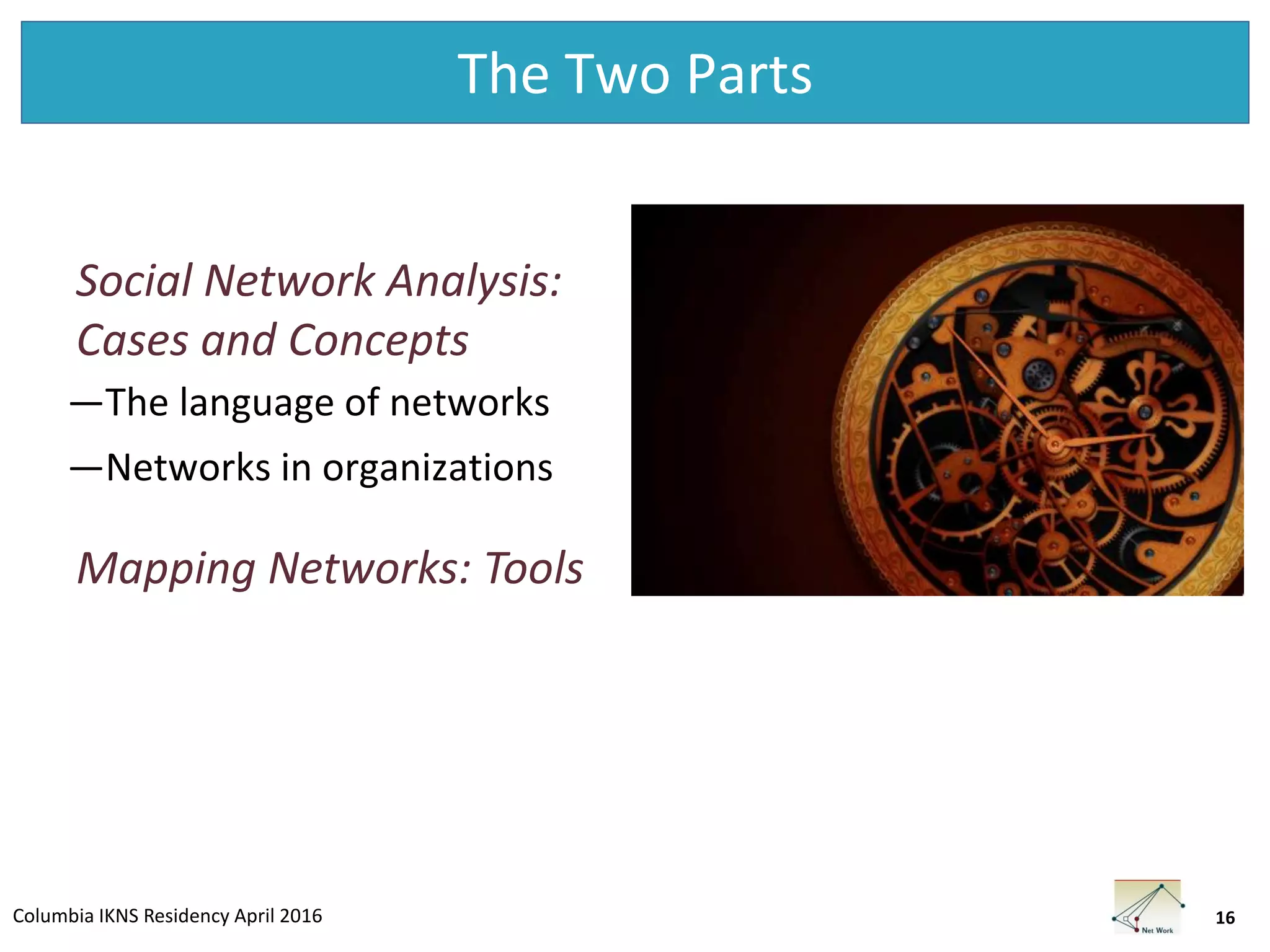 Columbia IKNS Residency April 2016
The Two Parts
―The language of networks
―Networks in organizations
16
Social Network Analysis:
Cases and Concepts
Mapping Networks: Tools
 