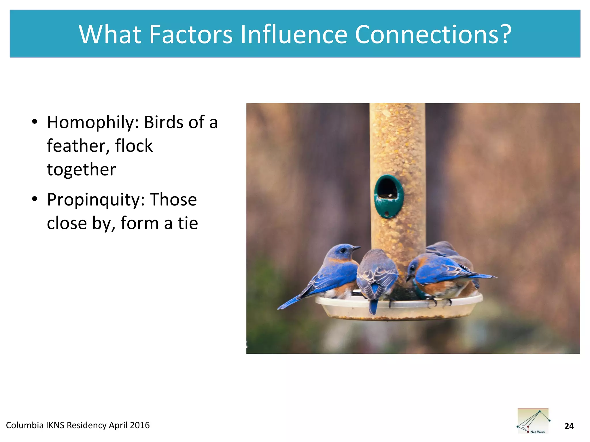 Columbia IKNS Residency April 2016
What Factors Influence Connections?
• Homophily: Birds of a
feather, flock
together
• Propinquity: Those
close by, form a tie
24
 