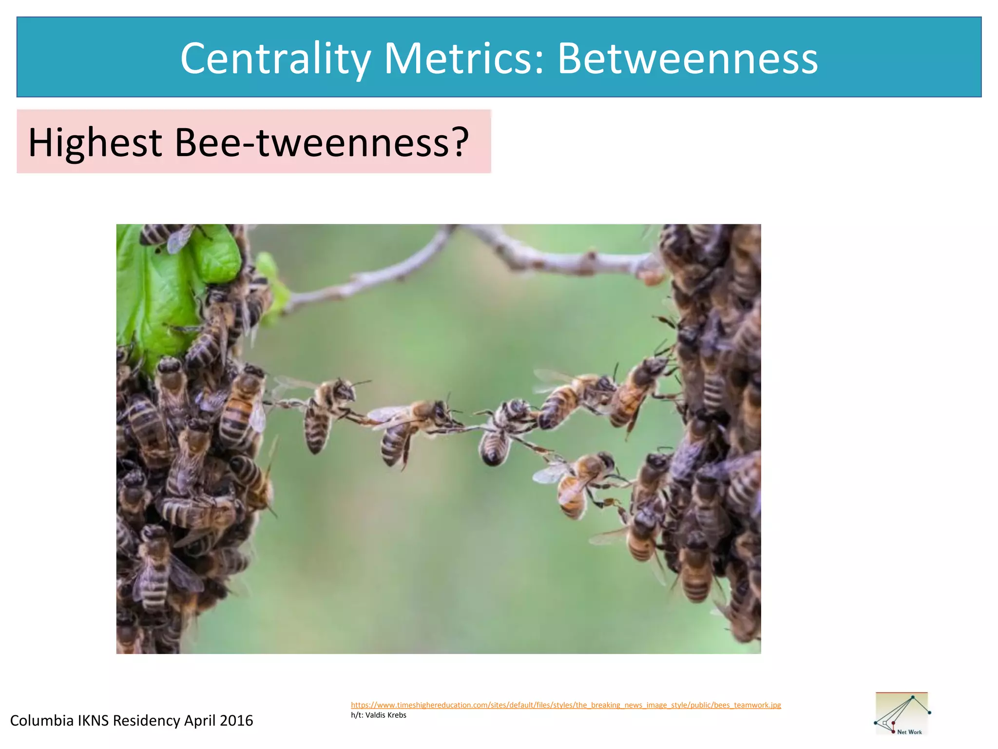 Columbia IKNS Residency April 2016
Centrality Metrics: Betweenness
Highest Bee-tweenness?
https://www.timeshighereducation.com/sites/default/files/styles/the_breaking_news_image_style/public/bees_teamwork.jpg
h/t: Valdis Krebs
 