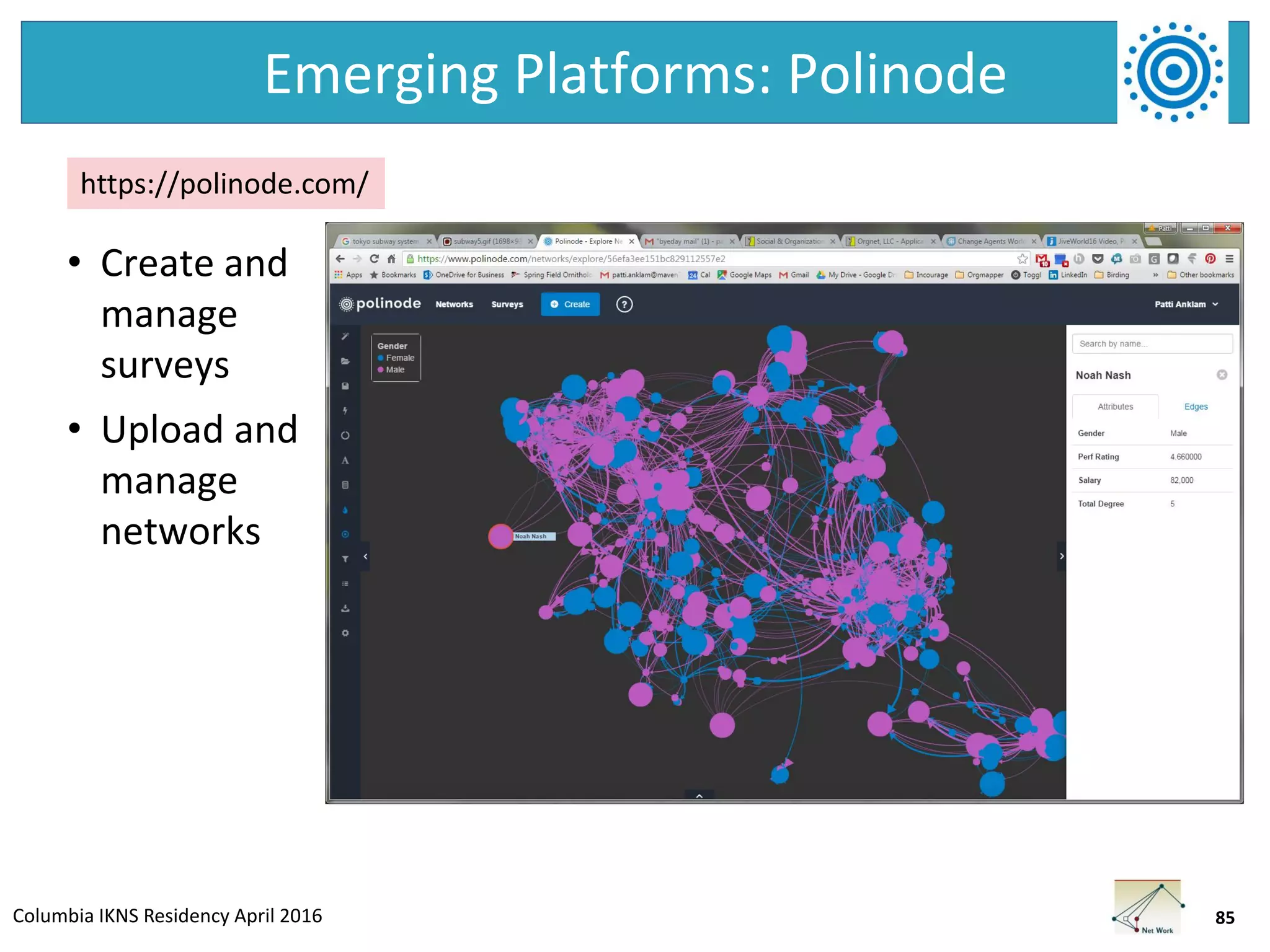 Columbia IKNS Residency April 2016
Emerging Platforms: Polinode
• Create and
manage
surveys
• Upload and
manage
networks
85
https://polinode.com/
 