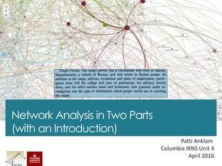 Network Analysis in Two Parts
(with an Introduction)
Patti Anklam
Columbia IKNS Unit 4
April 2016
 
