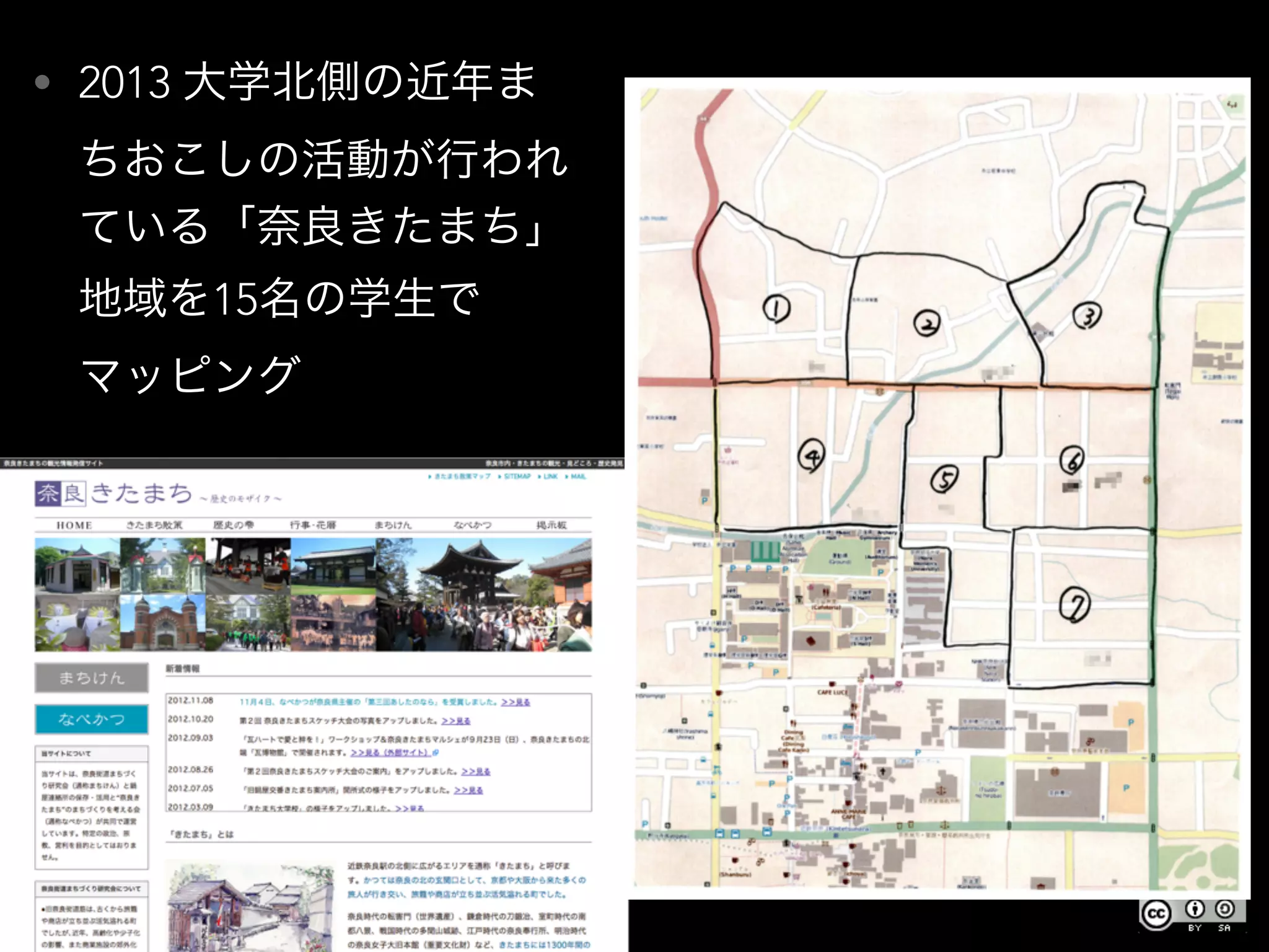 • 2013 大学北側の近年ま
ちおこしの活動が行われ
ている「奈良きたまち」
地域を15名の学生で
マッピング
 