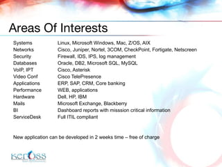 Systems Linux,  Microsoft Windows , Mac, Z/OS, AIX  Networks Cisco, Juniper, Nortel, 3COM, CheckPoint, Fortigate, Netscreen Security Firewall, IDS, IPS, log management Databases Oracle, DB2, Microsoft SQL, MySQL VoIP, IPT Cisco, Asterisk Video Conf Cisco Tele P resen c e Applications ERP,  SAP,  CRM , Core banking Performance W EB , applications Hardware Dell, HP, IBM Mails Microsoft Exchange, Blackberry BI Dashboard reports with misssion critical information ServiceDesk  Full ITIL compliant New application can be developed in 2 weeks time – free of charge Areas Of Interests 