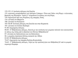 135-132: Α' Δουλικός πόλεμος στη Σικελία
133: αγροτικές μεταρρυθμίσεις των αδελφών Γράκχων -Τίτου και Γαΐου- στη Ρώμη· ο τελευταίος
βασιλιάς της Περγάμου ’τταλος Γ' κληροδοτεί το κράτος του στη Ρώμη
129: δημιουργία από τους Ρωμαίους της επαρχίας Ασίας
116: γέννηση του Βάρρωνα
106: γέννηση του Κικέρωνα
103-102:Β' Δουλικός πόλεμος στη Σικελία και στην Καμπανία
101: γέννηση του Ιουλίου Καίσαρα
91-88: Συμμαχικός πόλεμος
88-85: Α' Μιθριδατικός πόλεμος. Ξεκινά με την εκτέλεση των ρωμαίων πολιτών που κατοικούσαν
σε πόλεις της Ασίας από το βασιλιά του Πόντου Μιθριδάτη Στ'
87: γέννηση του Σαλλούστιου και του Κάτουλλου
86: ο ρωμαίος στρατηγός Σύλλας κατακτά την Αθήνα
83-82: Β' Μιθριδατικός πόλεμος
74-67: δημιουργία της επαρχίας Κρήτης-Κυρηναϊκής
74-63: Γ' Μιθριδατικός πόλεμος. Λήγει με την οριστική ήττα του Μιθριδάτη Στ' από το ρωμαίο
στρατηγό Πομπηίο
 