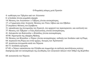 Ο Ρωμαϊκός κόσμος μετά Χριστόν
4: υιοθέτηση του Τιβερίου από τον Αύγουστο
6: η Ιουδαία γίνεται ρωμαϊκή επαρχία
14: θάνατος του Αυγούστου· ο Τιβέριος γίνεται αυτοκράτορας
17: ο Γερμανικός στην Ανατολή· θάνατος του Τίτου Λίβιου και του Οβιδίου
25 (περίπου): θάνατος του Στράβωνα
31: αποκάλυψη της συνωμοσίας του Σηιανού, του αρχηγού των πραιτοριανών, και εκτέλεσή του
37: θάνατος του Τιβερίου· ο Γάιος Καλιγούλας γίνεται αυτοκράτορας
41: δολοφονία του Καλιγούλα· ο Κλαύδιος γίνεται αυτοκράτορας
45/46: δημιουργία της επαρχίας Θράκης
54: θάνατος του Κλαυδίου· ο Νέρων γίνεται αυτοκράτορας· εκδίωξη των Ιουδαίων από τη Ρώμη
64: πυρκαγιά στη Ρώμη για εννέα ημέρες· διωγμός των Χριστιανών
65: πεισώνεια συνωμοσία κατά του Νέρωνα
66-73: Ιουδαϊκή εξέγερση
67-68: ο Νέρων επισκέπτεται την Ελλάδα και συμμετέχει σε πολλούς πανελλήνιους αγώνες·
διακήρυξη από τον αυτοκράτορα της ελευθερίας των ελληνικών πόλεων στον Ισθμό της Κορίνθου
68: αυτοκτονία του Νέρωνα
 