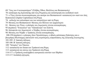 69: "έτος των 4 αυτοκρατόρων" (Γάλβας, Όθων, Βιτέλλιος και Βεσπασιανός)
70: κατάληψη της Ιερουσαλήμ από τους Ρωμαίους και καταστροφή του ιουδαϊκού ναού
71: ο Τίτος γίνεται συναυτοκράτορας του πατέρα του Βεσπασιανού· κατασκευή του ναού του Διός
Καπιτωλίου (Jupiter Capitolinus) στη Ρώμη
74: εκδίωξη των φιλοσόφων και των αστρολόγων από τη Ρώμη
79: θάνατος του Βεσπασιανού· θάνατος του Πλίνιου του αρχαιότερου
81: θάνατος του Τίτου· ο αδελφός του Δομιτιανός γίνεται αυτοκράτορας
95 (περίπου): "Ευαγγέλιο" και "Αποκάλυψη" του Ιωάννη
96: δολοφονία του Δομιτιανού· ο Νέρβας γίνεται αυτοκράτορας
98: θάνατος του Νέρβα· ο Τραϊανός γίνεται αυτοκράτορας
100-150 (περίπου): ο ρήτορας Δίων Χρυσόστομος, ο ηθικός φιλόσοφος Επίκτητος και ο
βιογράφος Πλούταρχος αποτελούν τους κυριότερους εκπροσώπους της ελληνικής λογοτεχνίας
101-102: Α' Δακικός πόλεμος
105-106: Β' Δακικός πόλεμος
109: "Ιστορίες" του Τάκιτου
112: κατασκευή του forum του Τραϊανού στη Ρώμη
113: κατασκευή του κίονος του Τραϊανού στη Ρώμη
114-117: ο Τραϊανός αναλαμβάνει εκστρατεία εναντίον των Πάρθων
115-117: Ιουδαϊκή εξέγερση
 