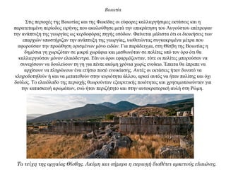 Βοιωτία
Στις περιοχές της Βοιωτίας και της Φωκίδας οι εύφορες καλλιεργήσιμες εκτάσεις και η
παρατεταμένη περίοδος ειρήνης που ακολούθησε μετά την επικράτηση του Αυγούστου επέτρεψαν
την ανάπτυξη της γεωργίας ως κερδοφόρας πηγής εσόδων. Φαίνεται μάλιστα ότι οι διοικήσεις των
επαρχιών υποστήριζαν την ανάπτυξη της γεωργίας, υιοθετώντας συγκεκριμένα μέτρα που
αφορούσαν την προώθηση ορισμένων μόνο ειδών. Για παράδειγμα, στη Θίσβη της Βοιωτίας η
δημόσια γη χωριζόταν σε μικρά χωράφια και μισθωνόταν σε πολίτες υπό τον όρο ότι θα
καλλιεργούσαν μόνον ελαιόδεντρα. Εάν οι όροι εφαρμόζονταν, τότε οι πολίτες μπορούσαν να
συνεχίσουν να δουλεύουν τη γη για πέντε ακόμη χρόνια χωρίς ενοίκιο. Έπειτα θα έπρεπε να
αρχίσουν να πληρώνουν ένα ετήσιο ποσό ενοικίασης. Αυτές οι εκτάσεις ήταν δυνατό να
κληροδοτηθούν ή και να μετατεθούν στην κυριότητα άλλου, αρκεί αυτός να ήταν πολίτης και όχι
δούλος. Tο ελαιόλαδο της περιοχής θεωρούνταν εξαιρετικής ποιότητας και χρησιμοποιούνταν για
την κατασκευή αρωμάτων, ενώ ήταν περιζήτητο και στην αυτοκρατορική αυλή στη Ρώμη.
Τα τείχη της αρχαίας Θίσβης. Ακόμη και σήμερα η περιοχή διαθέτει αρκετούς ελαιώνες.
 