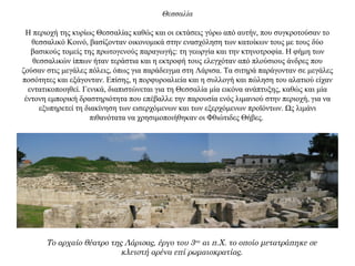 Θεσσαλία
Η περιοχή της κυρίως Θεσσαλίας καθώς και οι εκτάσεις γύρω από αυτήν, που συγκροτούσαν το
θεσσαλικό Κοινό, βασίζονταν οικονομικά στην ενασχόληση των κατοίκων τους με τους δύο
βασικούς τομείς της πρωτογενούς παραγωγής: τη γεωργία και την κτηνοτροφία. Η φήμη των
θεσσαλικών ίππων ήταν τεράστια και η εκτροφή τους ελεγχόταν από πλούσιους άνδρες που
ζούσαν στις μεγάλες πόλεις, όπως για παράδειγμα στη Λάρισα. Τα σιτηρά παράγονταν σε μεγάλες
ποσότητες και εξάγονταν. Επίσης, η πορφυροαλιεία και η συλλογή και πώληση του αλατιού είχαν
εντατικοποιηθεί. Γενικά, διαπιστώνεται για τη Θεσσαλία μία εικόνα ανάπτυξης, καθώς και μία
έντονη εμπορική δραστηριότητα που επέβαλλε την παρουσία ενός λιμανιού στην περιοχή, για να
εξυπηρετεί τη διακίνηση των εισερχόμενων και των εξερχόμενων προϊόντων. Ως λιμάνι
πιθανότατα να χρησιμοποιήθηκαν οι Φθιώτιδες Θήβες.
Το αρχαίο θέατρο της Λάρισας, έργο του 3ου αι π.Χ. το οποίο μετατράπηκε σε
κλειστή αρένα επί ρωμαιοκρατίας.
 