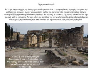 Παραγωγικοί τομείς
Το κλίμα στην επαρχία της Ασίας ήταν ιδιαίτερα ευνοϊκό. Η γεωγραφία της περιοχής επέτρεπε την
καλλιέργεια σιτηρών, ελαιών και αμπελιών καθώς και την ανάπτυξη της κτηνοτροφίας. Υπήρχε
ακόμη διαθέσιμη άφθονη ξυλεία και μάρμαρο. Εν ολίγοις, οι εκτάσεις της Ασίας που κάλυπταν την
περιοχή από τα νησιά του Αιγαίου μέχρι τις πεδιάδες της κεντρικής Μικράς Ασίας εξασφάλιζαν τις
οικονομικές προϋποθέσεις που απαιτούνταν για την ανάπτυξη ενός εκτενούς εμπορίου.
Η πύλη του αυτοκράτορα
Δομιτιανού στην Ιεράπολη της
Φρυγίας, μια ελληνική πόλη που
φημιζόταν για τα ιαματικά
λουτρά της.
 