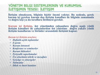 İletişim olmaksızın, bilginin hiçbir önemi yoktur. Bu nedenle, gerek kurum içi gerekse kurum dışı iletişim kanalları ile bilginin zamanında ve doğru kişi ya da taraflara iletilmesi gerekir.  Kurum içi iletişim , üst yönetimden çalışanlara doğru aşağı yönlü iletişim kanalları ile çalışanlardan üst yönetime  doğru yukarı yönlü iletişim kanallarını ve birimler arasındaki iletişimi kapsar. Kurum içi iletişim araçları; Haftalık-aylık toplantılar E-posta Kurum intraneti Konferans ve seminerler Kurum bültenleri Periyodik raporlamalar Üst yönetimin tebrik ve mesajları Genelge ve yönergeler  Talimatlar Dilek ve öneri kutuları 