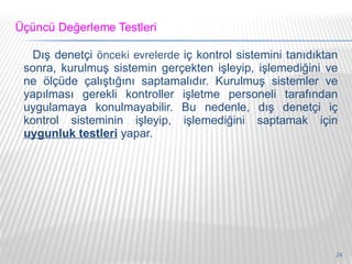 Dış denetçi  önceki evrelerde  iç kontrol sistemini tanıdıktan sonra, kurulmuş sistemin gerçekten işleyip, işlemediğini ve ne ölçüde çalıştığını saptamalıdır. Kurulmuş sistemler ve yapılması gerekli kontroller işletme personeli tarafından uygulamaya konulmayabilir. Bu nedenle, dış denetçi iç kontrol sisteminin işleyip, işlemediğini saptamak için  uygunluk testleri  yapar. 