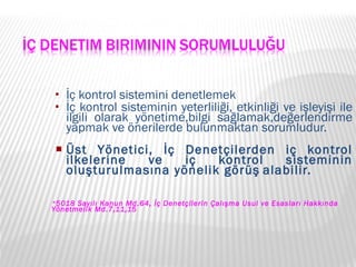 İç kontrol sistemini denetlemek İç kontrol sisteminin yeterliliği, etkinliği ve işleyişi ile ilgili olarak yönetime,bilgi sağlamak,değerlendirme yapmak ve önerilerde bulunmaktan sorumludur.   Üst Yönetici, İç Denetçilerden iç kontrol ilkelerine ve iç kontrol sisteminin oluşturulmasına yönelik görüş   alabilir. * 5018 Sayılı Kanun Md.64, İç Denetçilerin Çalışma Usul ve Esasları Hakkında Yönetmelik Md.7,11,15 