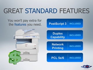 GREAT  STANDARD  FEATURES You won’t pay extra for the  features  you need. PostScript 3 INCLUDED Duplex Capability INCLUDE...