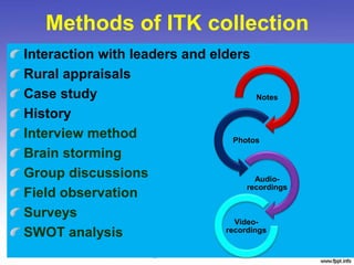 Methods of ITK collection
Interaction with leaders and elders
Rural appraisals
Case study
History
Interview method
Brain storming
Group discussions
Field observation
Surveys
SWOT analysis
Notes
Photos
Audio-
recordings
Video-
recordings
 