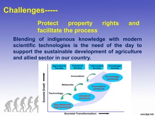 Blending of indigenous knowledge with modern
scientific technologies is the need of the day to
support the sustainable development of agriculture
and allied sector in our country.
Challenges-----
Protect property rights and
facilitate the process
Raw Materials
Agri products
Industrial
products
Knowledge
products
Information
products
Innovation
Networks
Technology
Industrial
Society
Agricultural
Society
Information
Society
Knowledge
Society
Societal Transformation
 