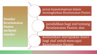 Standar
Keselamatan
Pasien
meliputi
standar
peran kepemimpinan dalam
meningkatkan Keselamatan Pasien
pendidikan bagi staf tentang
Keselamatan Pasien; dan
komunikasi merupakan kunci
bagi staf untukmencapai
Keselamatan Pasien
 