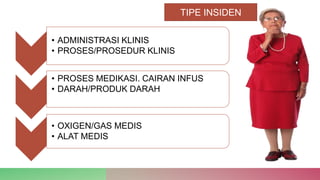 • ADMINISTRASI KLINIS
• PROSES/PROSEDUR KLINIS
• PROSES MEDIKASI. CAIRAN INFUS
• DARAH/PRODUK DARAH
• OXIGEN/GAS MEDIS
• ALAT MEDIS
TIPE INSIDEN
 