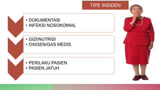 • DOKUMENTASI
• INFEKSI NOSOKOMIAL
• GIZI/NUTRISI
• OXIGEN/GAS MEDIS
• PERILAKU PASIEN
• PASIEN JATUH
TIPE INSIDEN
 