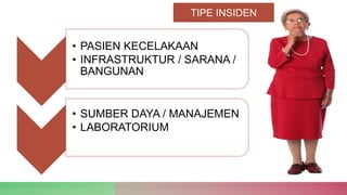 • PASIEN KECELAKAAN
• INFRASTRUKTUR / SARANA /
BANGUNAN
• SUMBER DAYA / MANAJEMEN
• LABORATORIUM
TIPE INSIDEN
 
