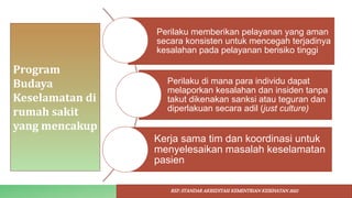 Program
Budaya
Keselamatan di
rumah sakit
yang mencakup
Perilaku memberikan pelayanan yang aman
secara konsisten untuk mencegah terjadinya
kesalahan pada pelayanan berisiko tinggi
Perilaku di mana para individu dapat
melaporkan kesalahan dan insiden tanpa
takut dikenakan sanksi atau teguran dan
diperlakuan secara adil (just culture)
Kerja sama tim dan koordinasi untuk
menyelesaikan masalah keselamatan
pasien
REF: STANDAR AKREDITASI KEMENTRIAN KESEHATAN 2022
 