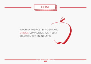 GOAL

TO OFFER THE MOST EFFICIENT AND
UNIQUE COMMUNICATION — BEST
SOLUTION WITHIN INDUSTRY

IDEAL AGENCY FOR A BRAND

 