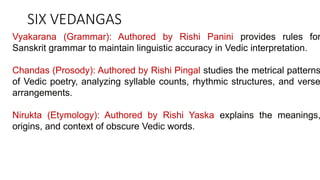 SIX VEDANGAS
Vyakarana (Grammar): Authored by Rishi Panini provides rules for
Sanskrit grammar to maintain linguistic accuracy in Vedic interpretation.
Chandas (Prosody): Authored by Rishi Pingal studies the metrical patterns
of Vedic poetry, analyzing syllable counts, rhythmic structures, and verse
arrangements.
Nirukta (Etymology): Authored by Rishi Yaska explains the meanings,
origins, and context of obscure Vedic words.
 