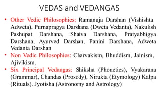 VEDAS and VEDANGAS
• Other Vedic Philosophies: Ramanuja Darshan (Vishishta
Adweta), Purnapragya Darshana (Dweta Vedanta), Nakulish
Pashupat Darshana, Shaiva Darshana, Pratyabhigya
Darshana, Ayurved Darshan, Panini Darshana, Adweta
Vedanta Darshan
• Non Vedic Philosophies: Charvakism, Bhuddism, Jainism,
Ajivikism.
• Six Principal Vedangas: Shiksha (Phonetics), Vyakarana
(Grammar), Chandas (Prosody), Nirukta (Etymology) Kalpa
(Rituals). Jyotisha (Astronomy and Astrology)
 