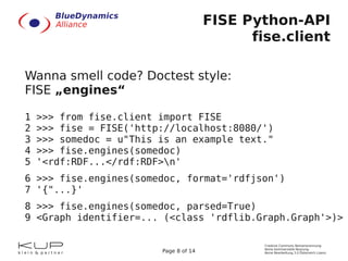 FISE Python-API
                                              fise.client

Wanna smell code? Doctest style:
FISE „engines“

1   >>> from fise.client import FISE
2   >>> fise = FISE('http://localhost:8080/')
3   >>> somedoc = u"This is an example text."
4   >>> fise.engines(somedoc)
5   '<rdf:RDF...</rdf:RDF>n'
6 >>> fise.engines(somedoc, format='rdfjson')
7 '{"...}'
8 >>> fise.engines(somedoc, parsed=True)
9 <Graph identifier=... (<class 'rdflib.Graph.Graph'>)>

                                                Creative Commons Namensnennung-
                                                Keine kommerzielle Nutzung-
                         Page 8 of 14           Keine Bearbeitung 3.0 Österreich Lizenz
 