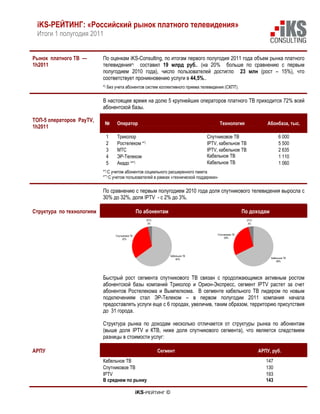iKS-РЕЙТИНГ: «Российский рынок платного телевидения»
 Итоги 1 полугодия 2011


Рынок платного ТВ —        По оценкам iKS-Consulting, по итогам первого полугодия 2011 года объем рынка платного
1h2011                     телевидения*) составил 19 млрд руб.. (на 20% больше по сравнению с первым
                           полугодием 2010 года), число пользователей достигло 23 млн (рост – 15%), что
                           соответствует проникновению услуги в 44,5%..
                           *) Без учета абонентов систем коллективного приема телевидения (СКПТ).

                           В настоящее время на долю 5 крупнейших операторов платного ТВ приходится 72% всей
                           абонентской базы.

ТОП-5 операторов PayTV,
                           №      Оператор                                                 Технология                  Абонбаза, тыс.
1h2011
                            1     Триколор                                       Спутниковое ТВ                               6 000
                            2     Ростелеком **)                                 IPTV, кабельное ТВ                           5 500
                            3     МТС                                            IPTV, кабельное ТВ                           2 635
                            4     ЭР-Телеком                                     Кабельное ТВ                                 1 110
                            5     Акадо ***)                                     Кабельное ТВ                                 1 060
                           **) С учетом абонентов социального расширенного пакета
                           ***) С учетом пользователей в рамках «технической поддержки»

                           По сравнению с первым полугодием 2010 года доля спутникового телевидения выросла с
                           30% до 32%, доля IPTV - с 2% до 3%.

Структура по технологиям                          По абонентам                                             По доходам
                                                      IPTV                                                  IPTV
                                                       3%                                                    4%



                                 Спутниковое ТВ                                           Спутниковое ТВ
                                      32%                                                      28%




                                                                  Кабельное ТВ
                                                                      65%                                               Кабельное ТВ
                                                                                                                            68%




                           Быстрый рост сегмента спутникового ТВ связан с продолжающимся активным ростом
                           абонентской базы компаний Триколор и Орион-Экспресс, сегмент IPTV растет за счет
                           абонентов Ростелекома и Вымпелкома. В сегменте кабельного ТВ лидером по новым
                           подключениям стал ЭР-Телеком – в первом полугодии 2011 компания начала
                           предоставлять услуги еще с 6 городах, увеличив, таким образом, территорию присутствия
                           до 31 города.

                           Структура рынка по доходам несколько отличается от структуры рынка по абонентам
                           (выше доля IPTV и КТВ, ниже доля спутникового сегмента), что является следствием
                           разницы в стоимости услуг:

АРПУ                                                         Сегмент                                               АРПУ, руб.
                           Кабельное ТВ                                                                               147
                           Спутниковое ТВ                                                                             130
                           IPTV                                                                                       193
                           В среднем по рынку                                                                         143

                                                  iKS-РЕЙТИНГ ©
 