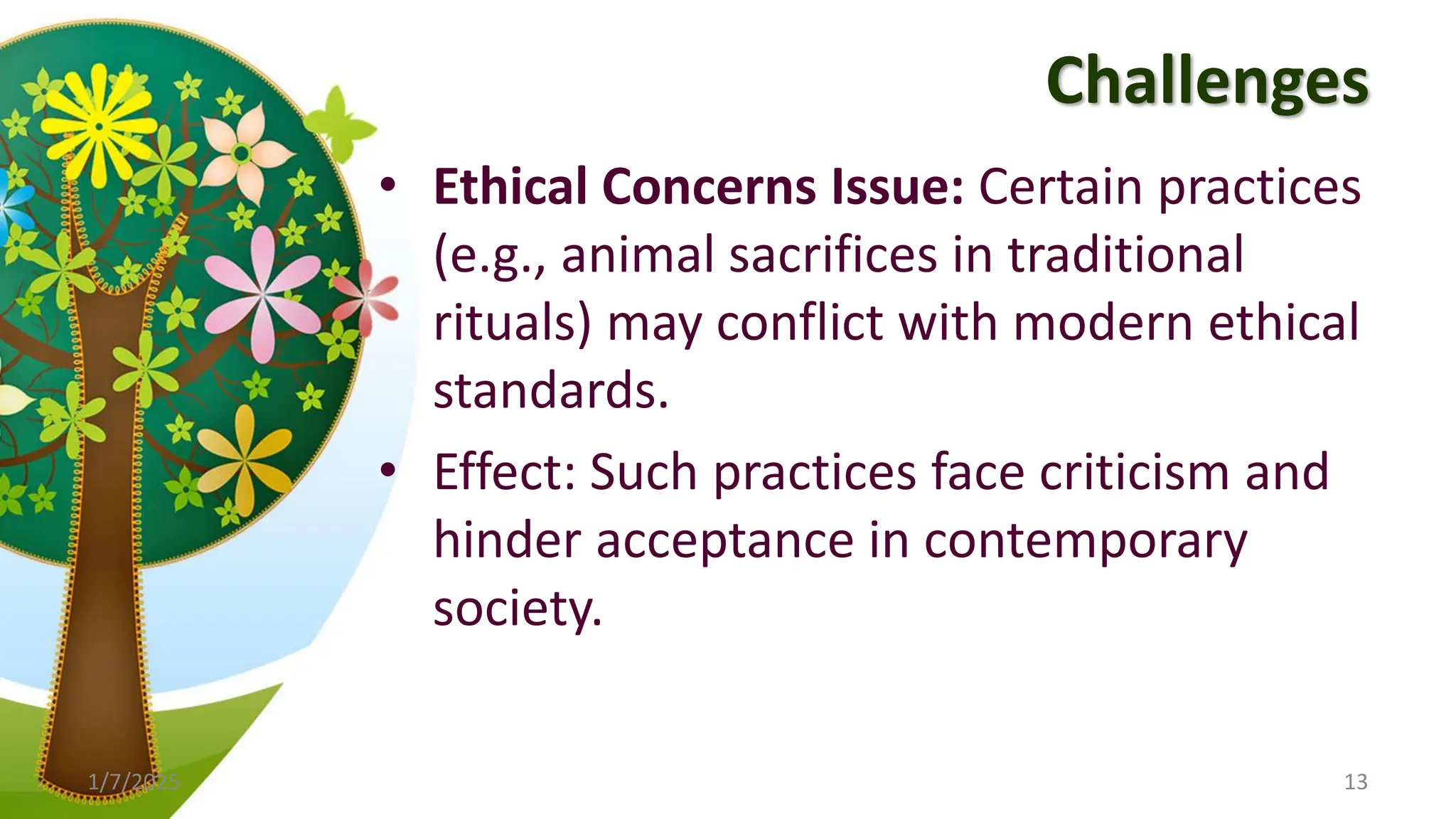 Challenges
• Ethical Concerns Issue: Certain practices
(e.g., animal sacrifices in traditional
rituals) may conflict with modern ethical
standards.
• Effect: Such practices face criticism and
hinder acceptance in contemporary
society.
1/7/2025 13
 