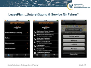 LeasePlan: „Unterstützung & Service für Fahrer“




Mobile Applikationen – Einführung, Idee und Planung   Seite 25 / 57
 