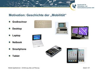 Motivation: Geschichte der „Mobilität“

      Großrechner

      Desktop

      Laptop

      Netbook

      Smartphone

      Tablet



Mobile Applikationen – Einführung, Idee und Planung   Seite 5 / 57
 