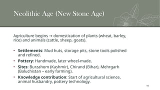 10
Neolithic Age (New Stone Age)
Agriculture begins domestication of plants (wheat, barley,
→
rice) and animals (cattle, sheep, goats).
• Settlements: Mud huts, storage pits, stone tools polished
and refined.
• Pottery: Handmade, later wheel-made.
• Sites: Burzahom (Kashmir), Chirand (Bihar), Mehrgarh
(Baluchistan – early farming).
• Knowledge contribution: Start of agricultural science,
animal husbandry, pottery technology.
 
