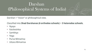 15
Darshan
(Philosophical Systems of India)
Darshan = “vision” or philosophical view.
Classified into Shad Darshanas (6 orthodox schools) + 3 heterodox schools.
• Nyaya
• Vaisheshika
• Samkhya
• Yoga
• Purva Mimamsa
• Uttara Mimamsa
 