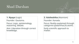 16
Shad Darshan
1. Nyaya (Logic)
Founder: Gautama.
Focus: Logic, epistemology,
reasoning, debate.
Aim: Liberation through correct
knowledge.
2. Vaisheshika (Atomism)
Founder: Kanada.
Focus: Reality explained through
categories (padarthas) & atoms.
Early scientific approach to
matter.
 