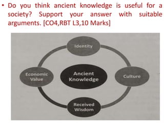• Do you think ancient knowledge is useful for a
society? Support your answer with suitable
arguments. [CO4,RBT L3,10 Marks]
 