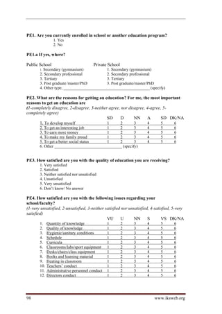 PE1. Are you currently enrolled in school or another education program?
                1. Yes
                2. No

PE1.a If yes, where?

Public School                            Private School
       1.Secondary (gymnasium)             1. Secondary (gymnasium)
       2. Secondary professional           2. Secondary professional
       3. Tertiary                         3. Tertiary
       3. Post graduate /master/PhD        3. Post graduate/master/PhD
       4. Other type, __________________________________________ (specify)

PE2. What are the reasons for getting an education? For me, the most important
reasons to get an education are
(1-completely disagree, 2-disagree, 3-neither agree, nor disagree, 4-agree, 5-
completely agree)
                                             SD     D       NN     A       SD DK/NA
      1. To develop myself                   1      2       3       4      5   6
       2. To get an interesting job       1     2        3            4       5       6
       3. To earn more money              1     2        3            4       5       6
       4. To make my family proud         1     2        3            4       5       6
       5. To get a better social status   1     2        3            4       5       6
       6. Other _________________________________ (specify)


PE3. How satisfied are you with the quality of education you are receiving?
       1. Very satisfied
       2. Satisfied
       3. Neither satisfied nor unsatisfied
       4. Unsatisfied
       5. Very unsatisfied
       6. Don’t know/ No answer

PE4. How satisfied are you with the following issues regarding your
school/faculty?
(1-very unsatisfied, 2-unsatisfied, 3-neither satisfied nor unsatisfied, 4-satisfied, 5-very
satisfied)
                                               VU      U       NN      S       VS DK/NA
       1.    Quantity of knowledge              1         2   3       4       5       6
       2.    Quality of knowledge               1         2   3       4       5       6
       3.    Hygienic/sanitary conditions       1         2   3       4       5       6
       4.    Schedule                           1         2   3       4       5       6
       5.    Curricula                          1         2   3       4       5       6
       6.    Classrooms/labs/sport equipment    1         2   3       4       5       6
       7.    Desks/chairs/class equipment       1         2   3       4       5       6
       8.    Books and learning material        1         2   3       4       5       6
       9.    Heating in classroom               1         2   3       4       5       6
       10.   Teachers’ conduct                  1         2   3       4       5       6
       11.   Administrative personnel conduct   1         2   3       4       5       6
       12.   Directors conduct                  1         2   3       4       5       6




98                                                                        www.iksweb.org
 