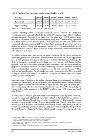Table 1. Number of Kosovan students enrolled in education, 2004 to 2010

      School year                           2004/05      2005/06      2006/07      2007/08      2008/09         2009/10

      Primary  lower secondary             327,207      322,180      324,618      326,911      322,975         311,744

      Upper secondary                         60,760       74,781       88,691      90,207       96,172         104,053
Source: MEST Education Statistics, 2005, 2006, 2007, 2008, 2009, 2010.


Students attending upper secondary education choose between the traditional
gymnasium and vocational school. In the 2008/09 academic year, 41,692 students
attended gymnasia, the majority of them girls. The same year, 55,073 students were
enrolled in vocational schools with the majority being male.79 Traditionally, gymnasia
have been a pre-requisite for university.80 Although more students have enrolled in
vocational education training (VET), it has been considered an option for low
performing students. Many students not accepted into their gymnasium of choice attend
vocational school instead.81 Apart from a bad image, there are additional problems with
VET education in Kosovo.

Vocational schools have been meant to prepare students for the labour market, in
contrast to gymnasiums that offered more theoretical education. VET’s are supposed to
have a more practical approach to education, as well as offer business internships. In
Kosovo, arguably, vocational schools have not been aligned with labour market
demands. Few such institutions partnered with businesses, and this undermined the
purpose of vocational education. Students completing vocational education could not
attend post-secondary vocational education, as it did not exist in Kosovo.82 Thus
students had to either enter the job market or transfer to the university. More practical
tertiary vocational education like a technical college or university could offer many
youth additional opportunities.

Increased rates of enrolment in higher education have been influenced by shifting
gender roles. Traditionally, the transition rate from obligatory lower secondary school to
optional upper secondary education has been higher for boys than girls. However, girls’
rates of continuing education have increased in recent years. While 75.6 percent of girls
transitioned to higher education in the 2004/05 academic year, 80.4 percent continued
on in 2008/09.

In some areas of Kosovo, girls remained disadvantaged in accessing upper secondary
education. More girls abandoned elementary school in Ferizaj/Uroševac, Malishevë/
                                                               83
Mališevo and Dragash/Dragaš than in other municipalities. For example, Anjeza
attended primary school in her village in Dragash/Dragaš. Though, only four of the
twelve girls from her class continued on to secondary school. ‘The other girls stay at
home because of their families’ mentalities,’ she said. The lack of public transport from
Dragash/Dragaš’s villages to the high school caused concern for some parents who



79
   Statistical Office of Kosovo, Educational Statistics 2008/09, July 2010, pp. 52-53.
80
   UNICEF – IKS stakeholders’ workshop, Prishtinë/Priština, 13 July, 2010.
81
   European Training Foundation, ETF Country Plan- Kosovo 2009, p. 5.
82
   MEST, ‘Curriculum Framework for pre-school, primary, secondary and post-secondary education’ Second Draft,
Prishtinë/Priština, April 2010.
83
   Statistical Office of Kosovo, Educational Statistics 2008/09, July 2010, pp. 38, 64-65.



28                                                                                                   www.iksweb.org
 