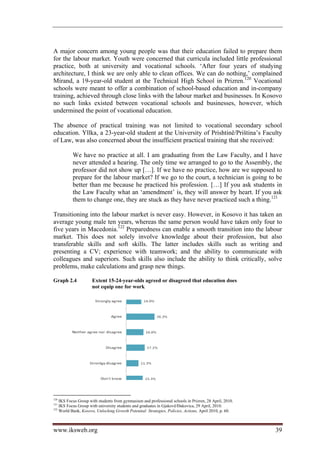 A major concern among young people was that their education failed to prepare them
for the labour market. Youth were concerned that curricula included little professional
practice, both at university and vocational schools. ‘After four years of studying
architecture, I think we are only able to clean offices. We can do nothing,’ complained
Mirand, a 19-year-old student at the Technical High School in Prizren.120 Vocational
schools were meant to offer a combination of school-based education and in-company
training, achieved through close links with the labour market and businesses. In Kosovo
no such links existed between vocational schools and businesses, however, which
undermined the point of vocational education.

The absence of practical training was not limited to vocational secondary school
education. Yllka, a 23-year-old student at the University of Prishtinë/Priština’s Faculty
of Law, was also concerned about the insufficient practical training that she received:

          We have no practice at all. I am graduating from the Law Faculty, and I have
          never attended a hearing. The only time we arranged to go to the Assembly, the
          professor did not show up […]. If we have no practice, how are we supposed to
          prepare for the labour market? If we go to the court, a technician is going to be
          better than me because he practiced his profession. […] If you ask students in
          the Law Faculty what an ‘amendment’ is, they will answer by heart. If you ask
          them to change one, they are stuck as they have never practiced such a thing.121

Transitioning into the labour market is never easy. However, in Kosovo it has taken an
average young male ten years, whereas the same person would have taken only four to
five years in Macedonia.122 Preparedness can enable a smooth transition into the labour
market. This does not solely involve knowledge about their profession, but also
transferable skills and soft skills. The latter includes skills such as writing and
presenting a CV; experience with teamwork; and the ability to communicate with
colleagues and superiors. Such skills also include the ability to think critically, solve
problems, make calculations and grasp new things.

Graph 2.4            Extent 15-24-year-olds agreed or disagreed that education does
                     not equip one for work




120
    IKS Focus Group with students from gymnasium and professional schools in Prizren, 28 April, 2010.
121
    IKS Focus Group with university students and graduates in Gjakovë/Đakovica, 29 April, 2010.
122
    World Bank, Kosovo, Unlocking Growth Potential: Strategies, Policies, Actions, April 2010, p. 60.



www.iksweb.org                                                                                          39
 